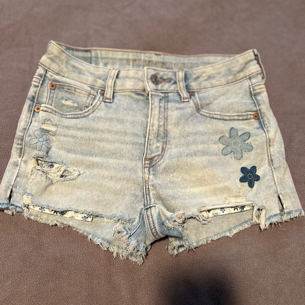 American Eagle Outfitters Light Blue Jean Shorts with Floral Details